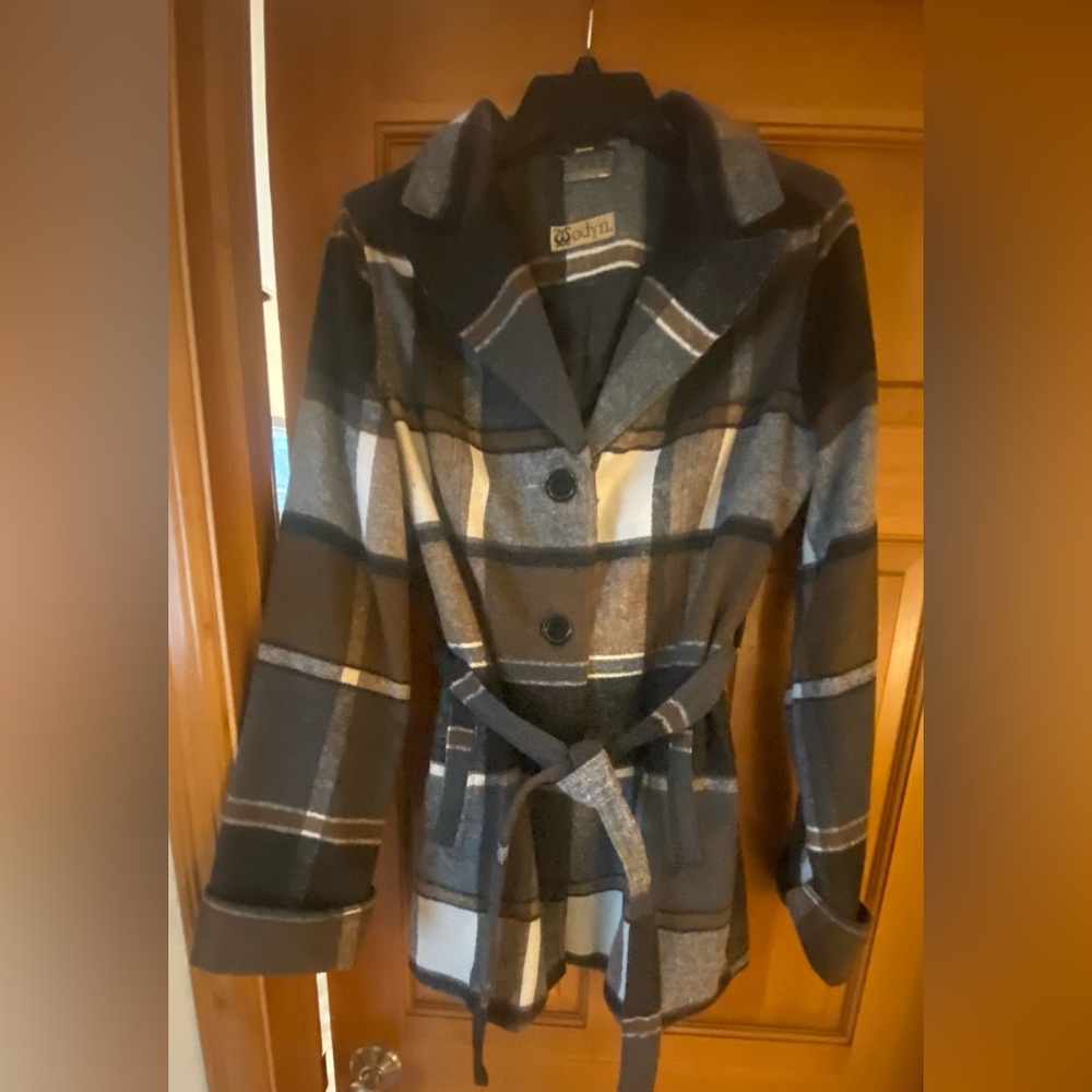 Odyn Black, Brown, Gray and Cream Plaid Trench Coat. Warm and cozy. Size M